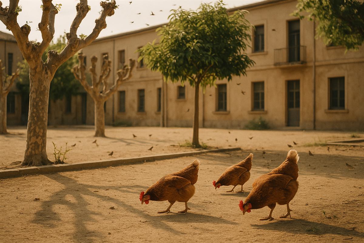 Gallines al pati d'un centre educatiu